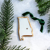 Alabama Handmade Porcelain State Ornament with Gold Heart