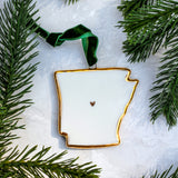 Arkansas Handmade Porcelain State Ornament with Gold Heart