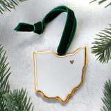 Ohio Handmade Porcelain State Ornament with Gold Heart