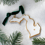 Michigan Handmade Porcelain State Ornament with Gold Heart