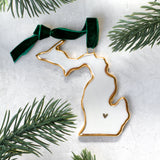 Michigan Handmade Porcelain State Ornament with Gold Heart