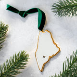 Maine Handmade Porcelain State Ornament with Gold Heart