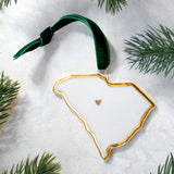 South Carolina Handmade Porcelain State Ornament with Gold Heart