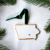 Iowa Handmade Porcelain State Ornament with Gold Heart