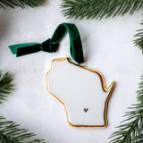 Wisconsin Handmade Porcelain State Ornament with Gold Heart