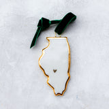 Illinois Handmade Porcelain State Ornament with Gold Heart