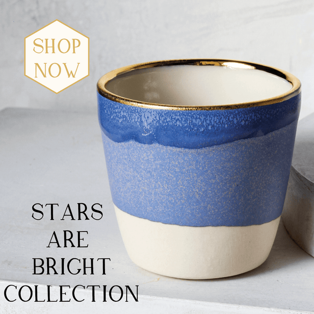 Shop the 'Stars are Bright Collection' featuring an espresso cup with blue glaze, pink crystals and a cobalt lip with 22k gold rim.