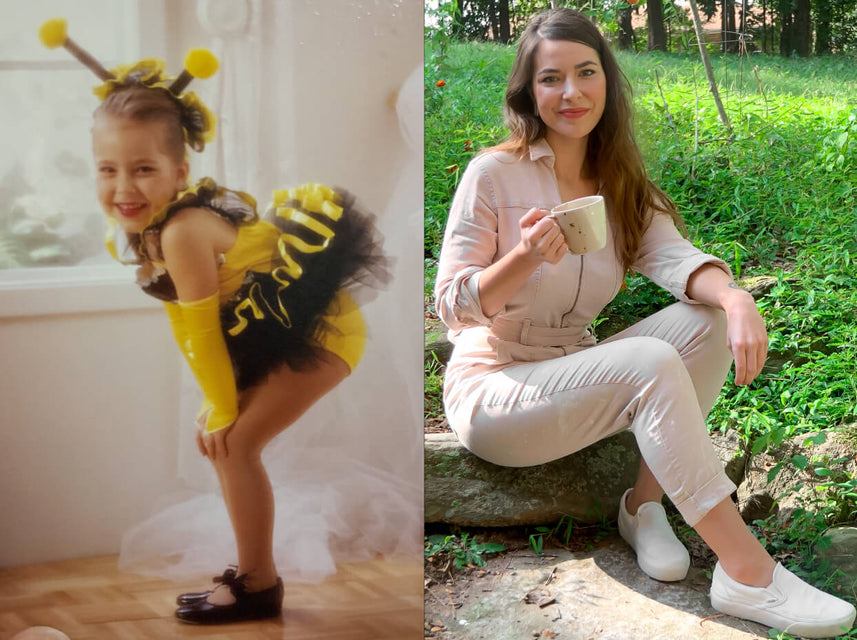 Sophia Keys as a child in a bee costume and Sophia now in her garden drinking from a drops of honey bee mug