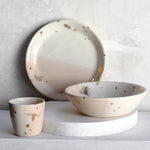 Drops of honey bee collection including shot glass, bowl and dessert plate
