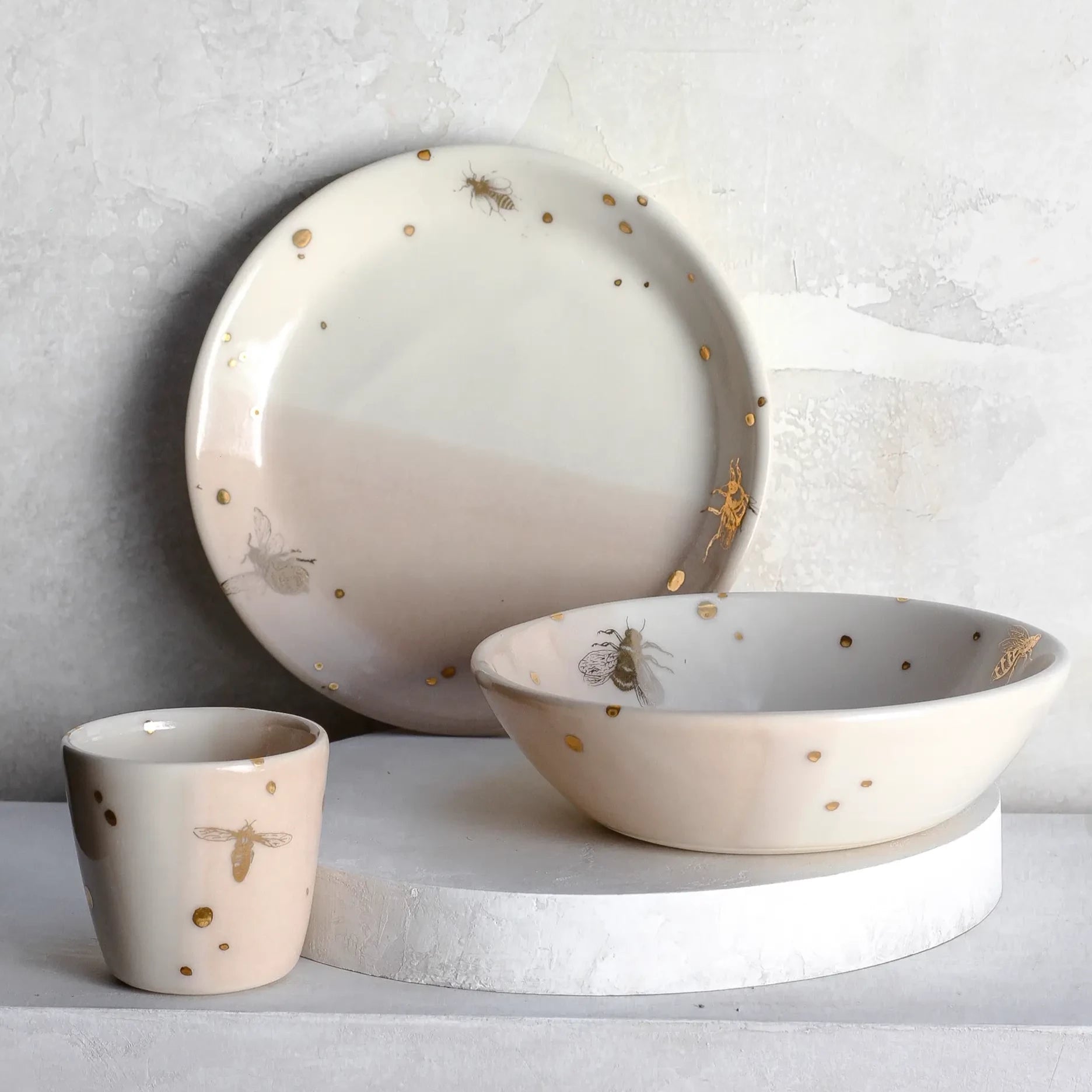 Drops of honey bee collection including shot glass, bowl and dessert plate
