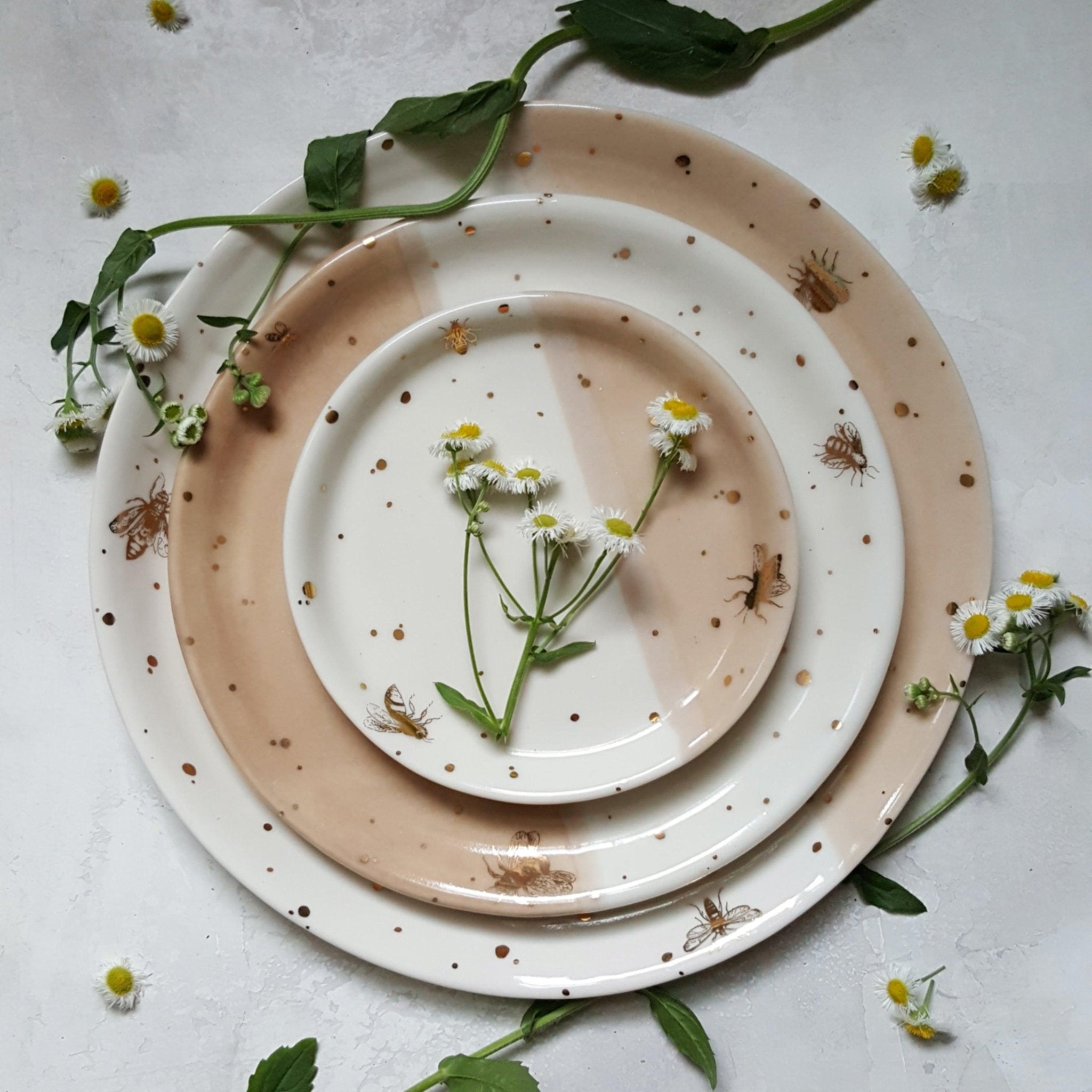 Drops of Honey Bee Dinner Set (Dinner Plate, Salad Plate, and Dessert Plate) (MADE TO ORDER) - Apricity Ceramics