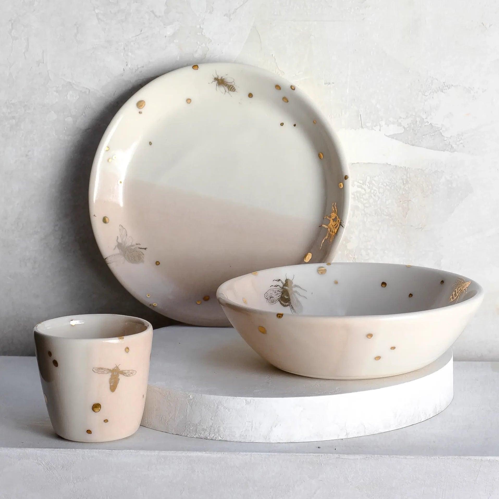 Drops of Honey Bee shot glass, dessert plate, and granola bowl