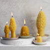group of lit beeswax candles on trinket dishes